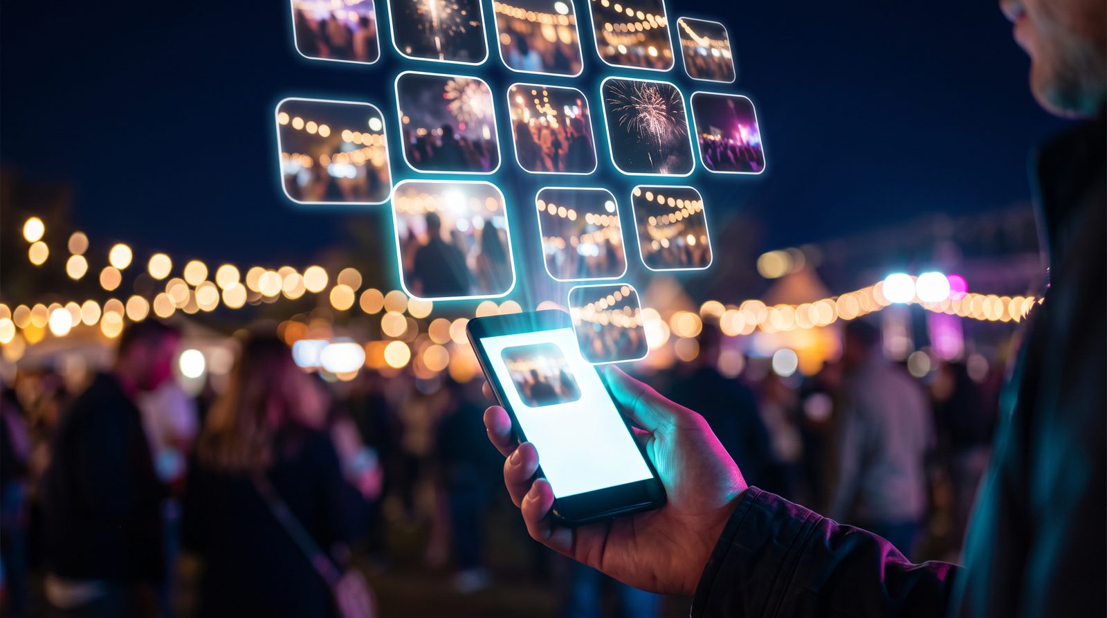 A phone held up at an evening celebration, with photos from the night rising into a glowing floating gallery