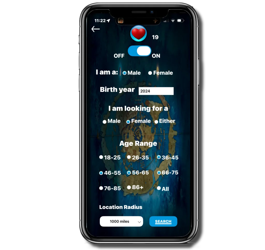 Match Maker search — filter by age, gender, and location