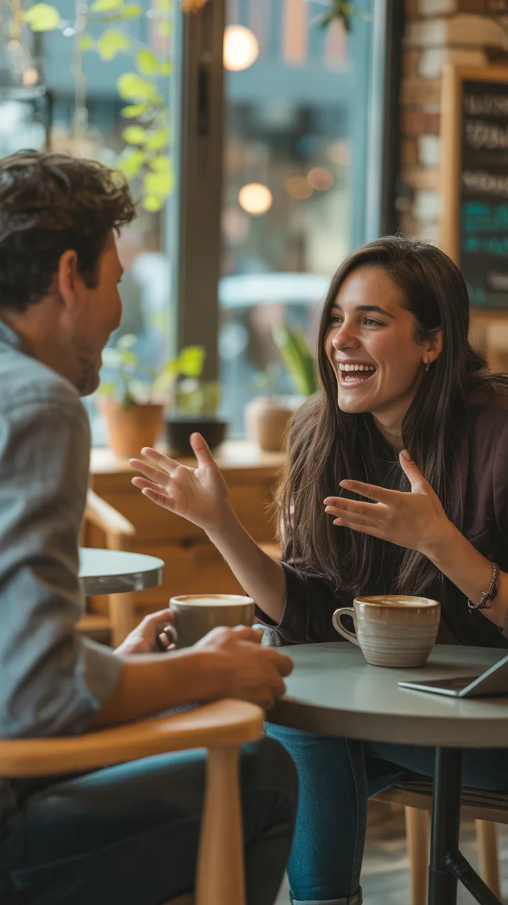 Coffee meetup — two friends chatting at a cozy café