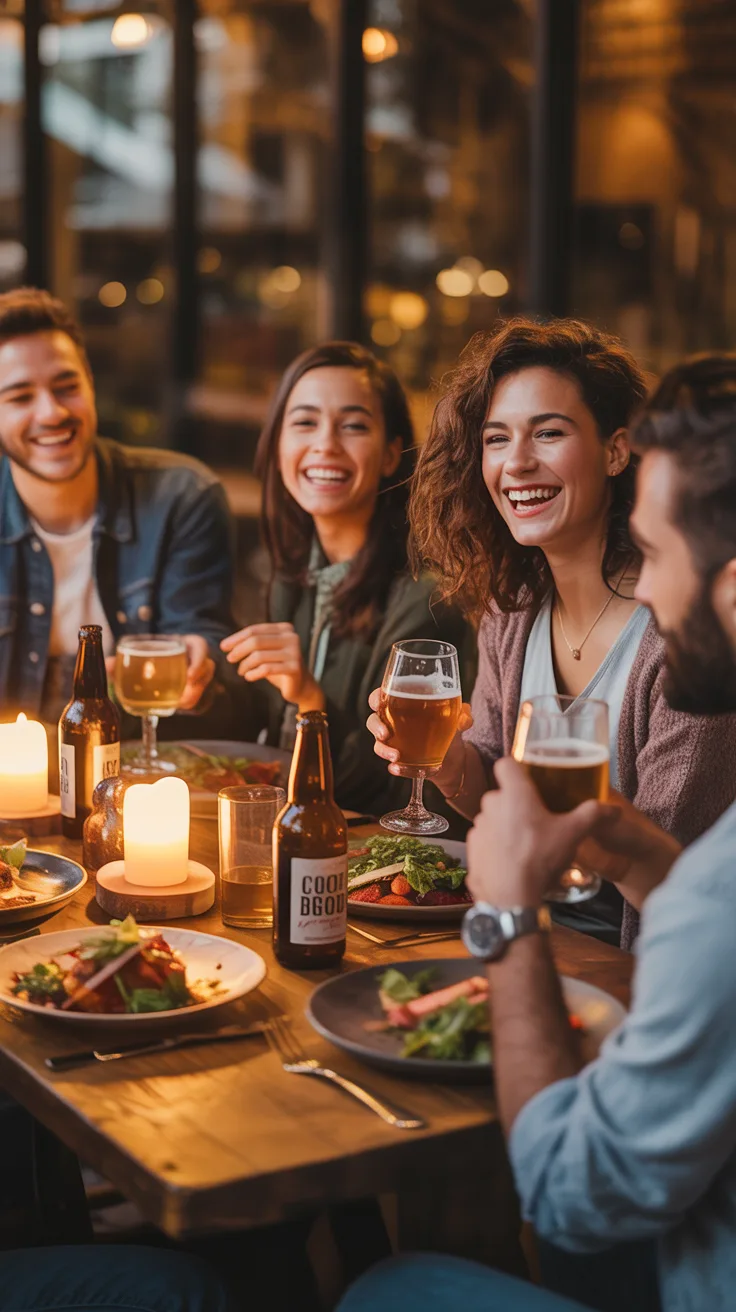 Community dinner — friends gathering at a warm restaurant