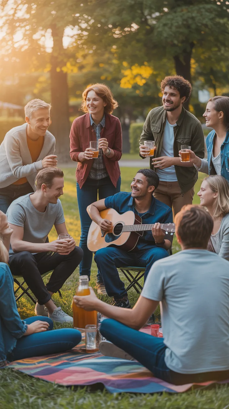 Outdoor gathering — community members enjoying golden hour in a park