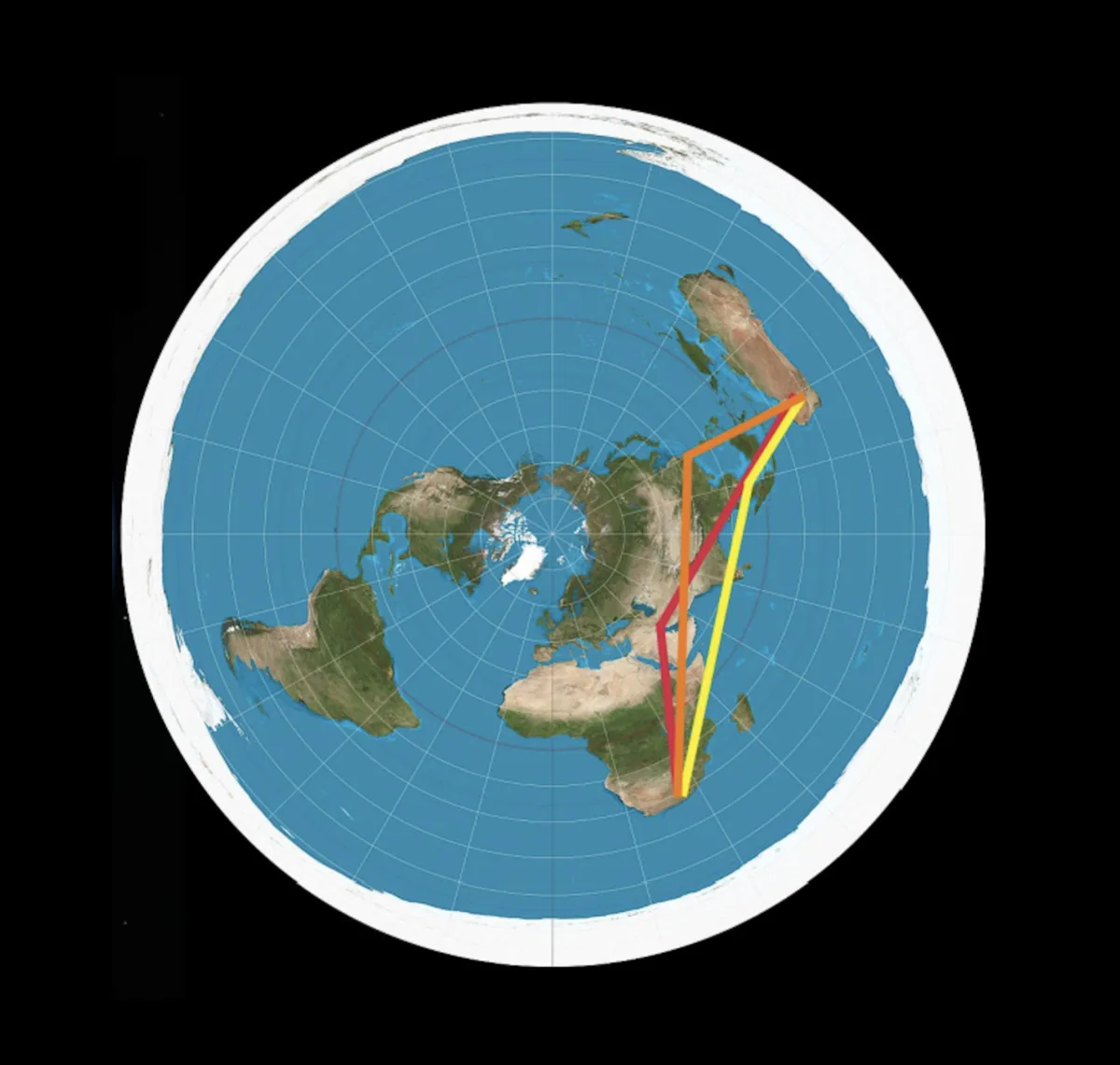 Dubai ↔ Hong Kong ↔ Malaysia on flat earth map