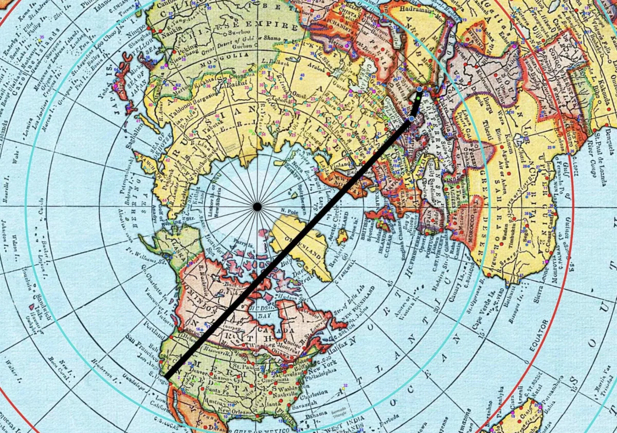 US → Middle East on flat earth map
