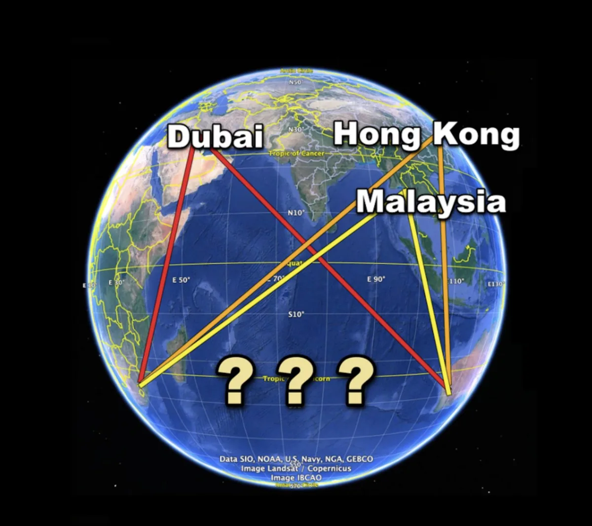 Dubai ↔ Hong Kong ↔ Malaysia on globe