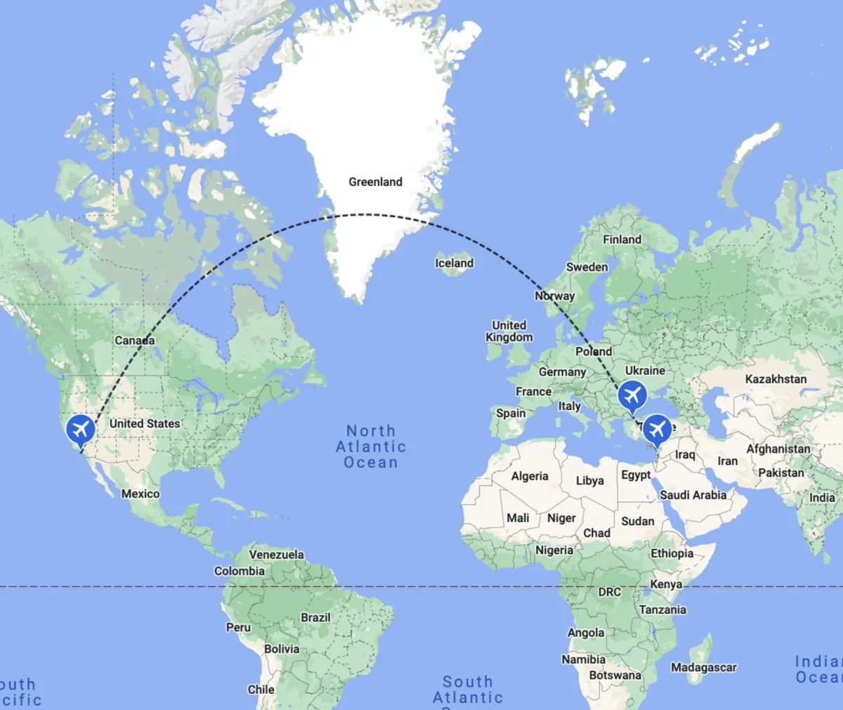US → Middle East on globe